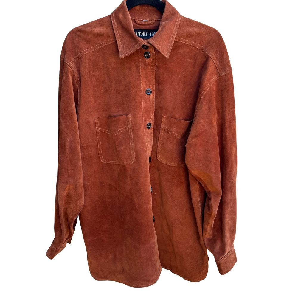 Catalani Vintage 90s Suede Leather Western Boho Cowgirl Shirt Shacket Rust L
